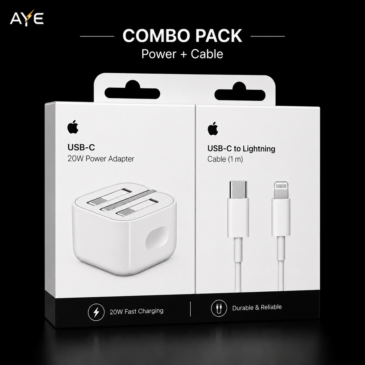 AYE Originals Best-Selling Combo Pack – 20W Fast Charger + Lightning Cable